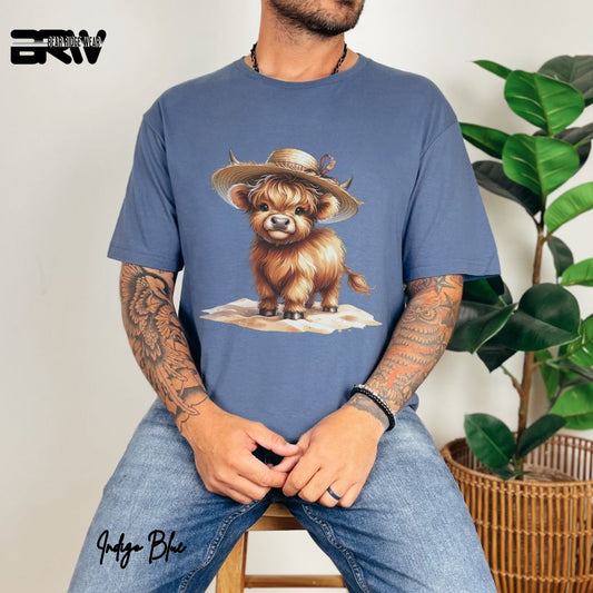 'Highland Cow- Sun Hat' Summer T- Shirt