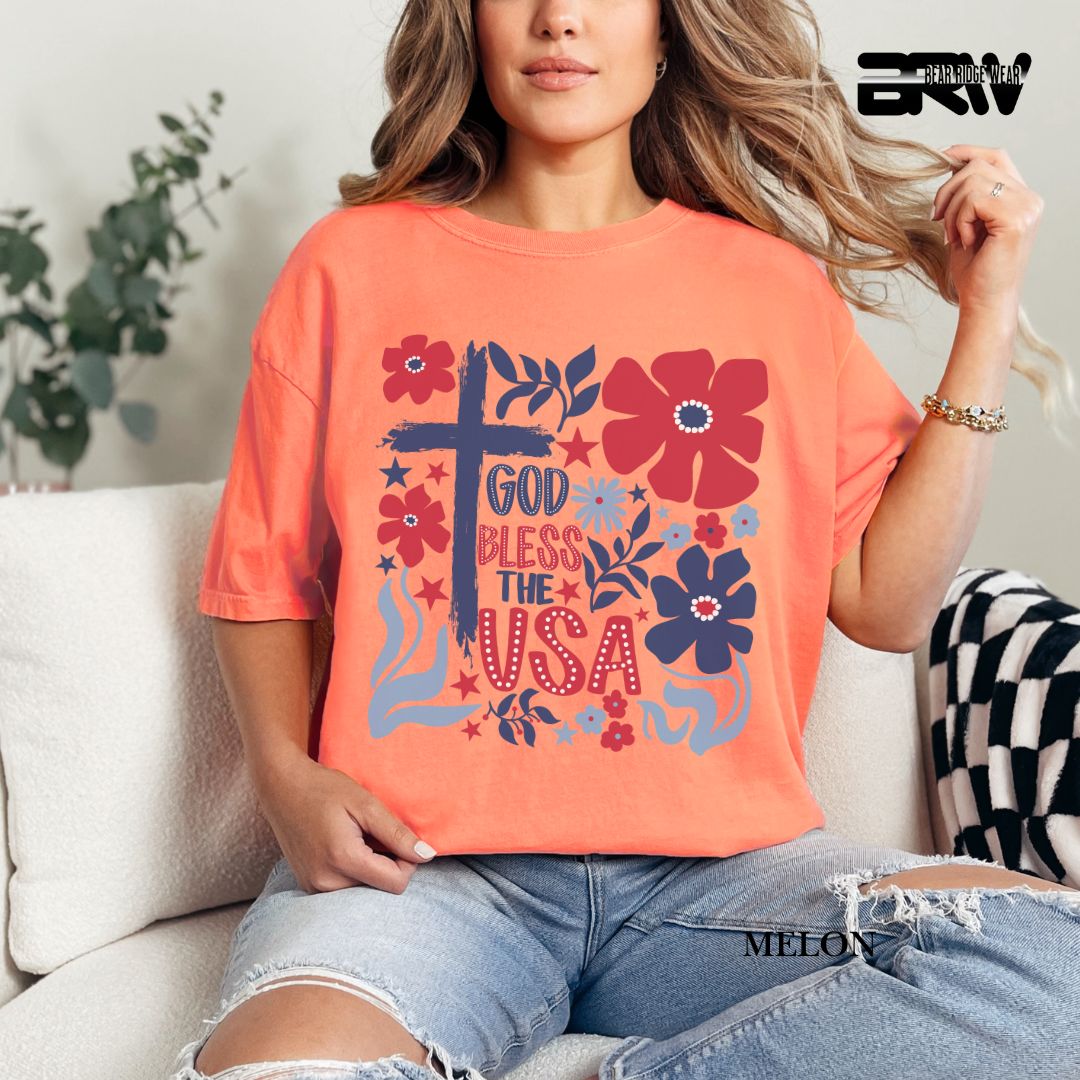 God Bless The USA-Cross Flowers- Patriotic Tee