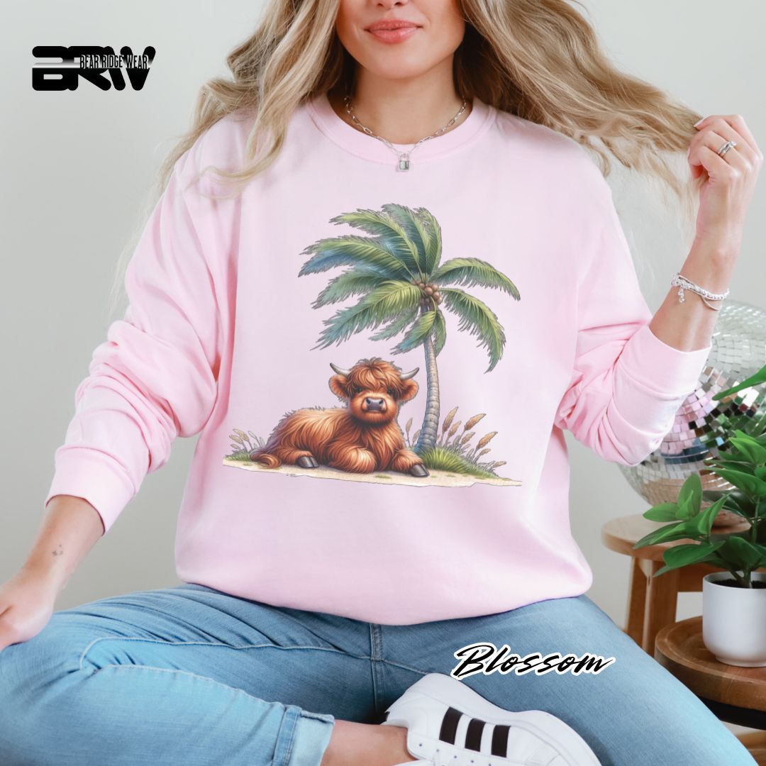 'Highland Cow- Palm Tree' Summer Long Sleeve Tee