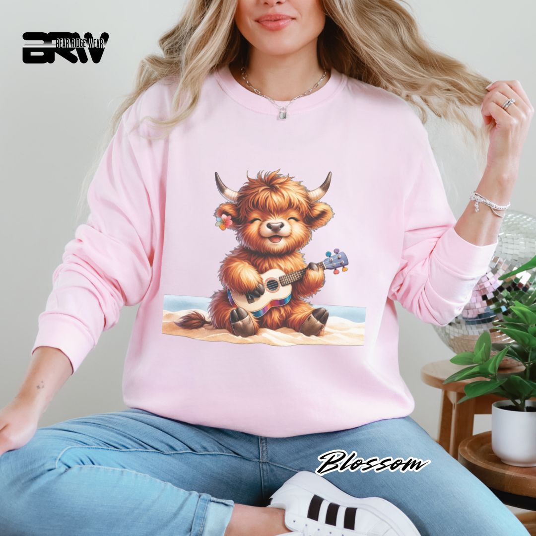 'Highland Cow Beach- Guitar' Summer Long Sleeve Tee